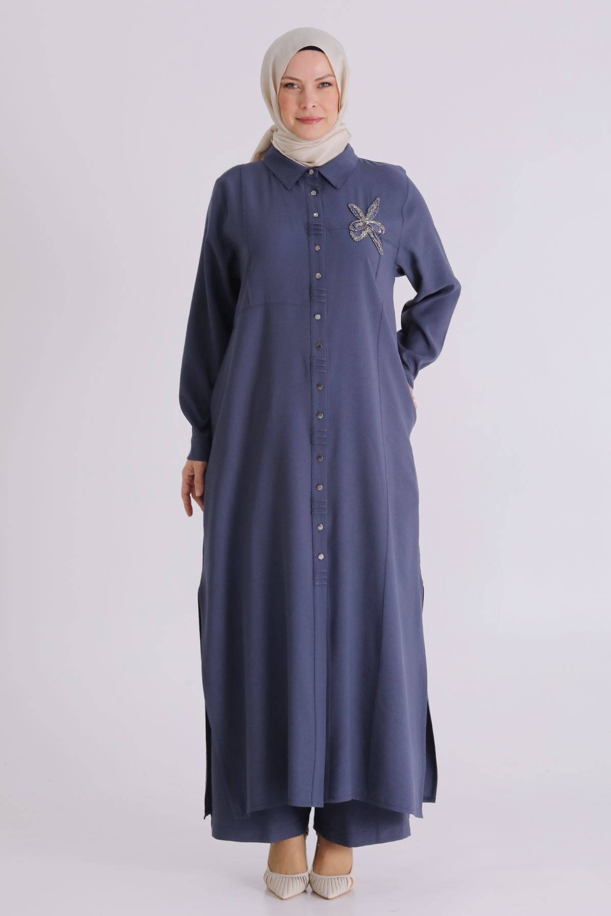 Büyük Beden Tesettür Pantolonlu Takım 3561 Duman Mavi