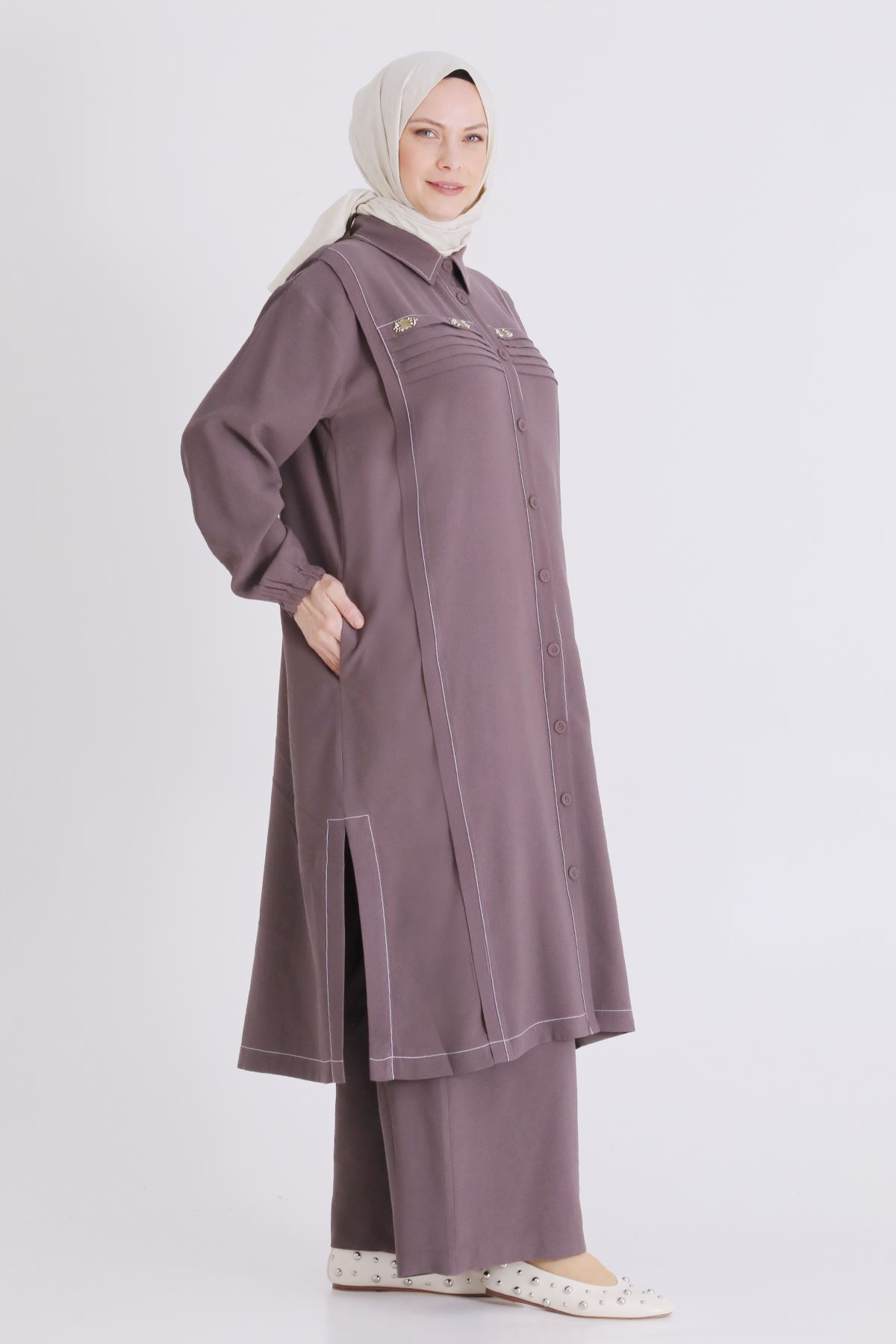 Büyük Beden Tesettür Pantolonlu Takım 3559 Kakao