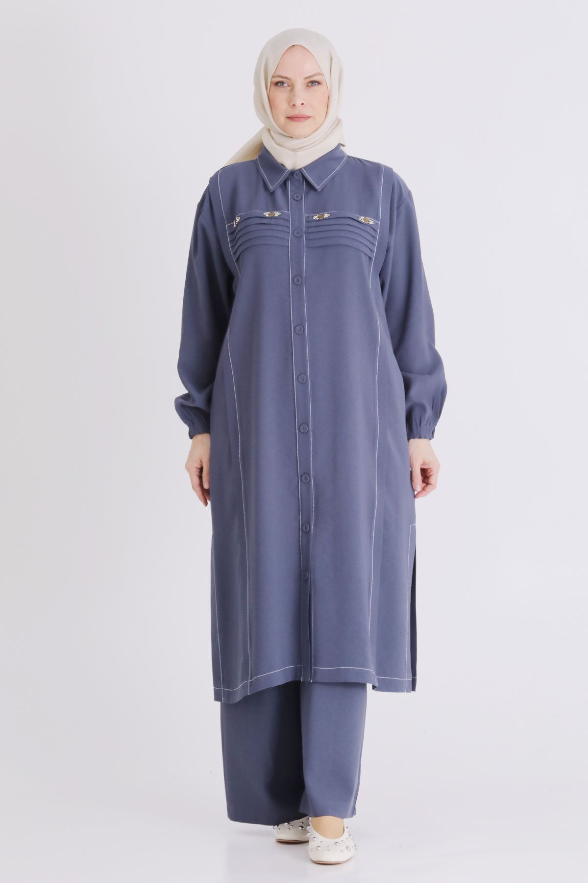 Büyük Beden Tesettür Pantolonlu Takım 3559 Duman Mavi