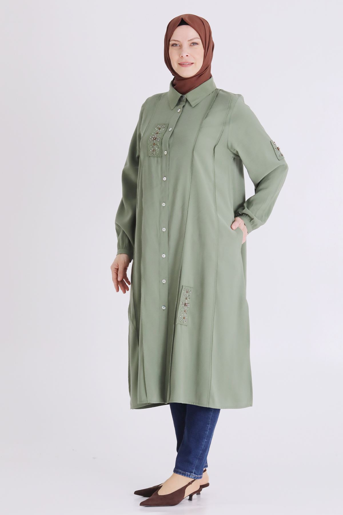 Büyük Beden Tesettür İşlemeli Tunik 2359 Nane Yeşili