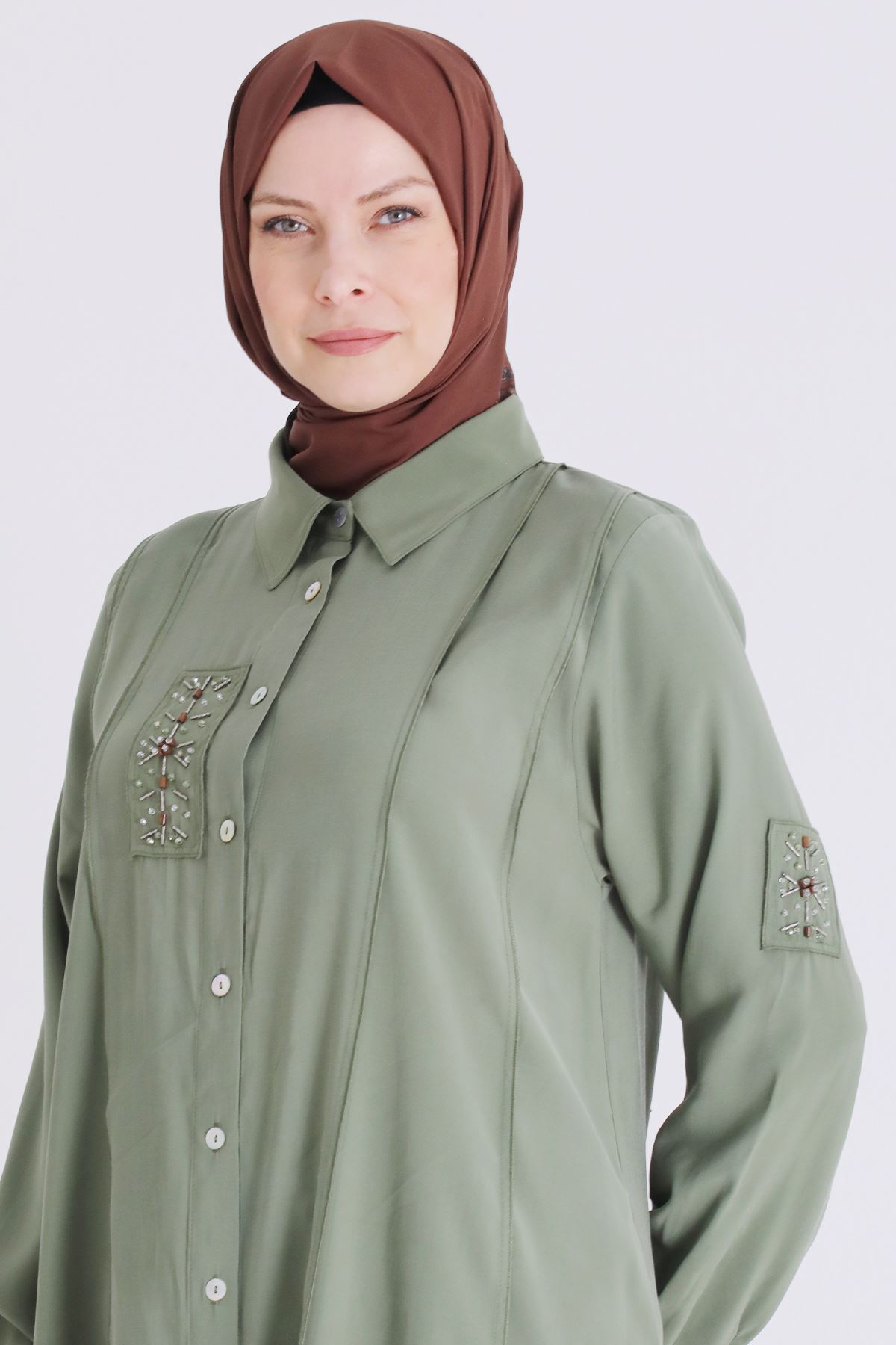 Büyük Beden Tesettür İşlemeli Tunik 2359 Nane Yeşili