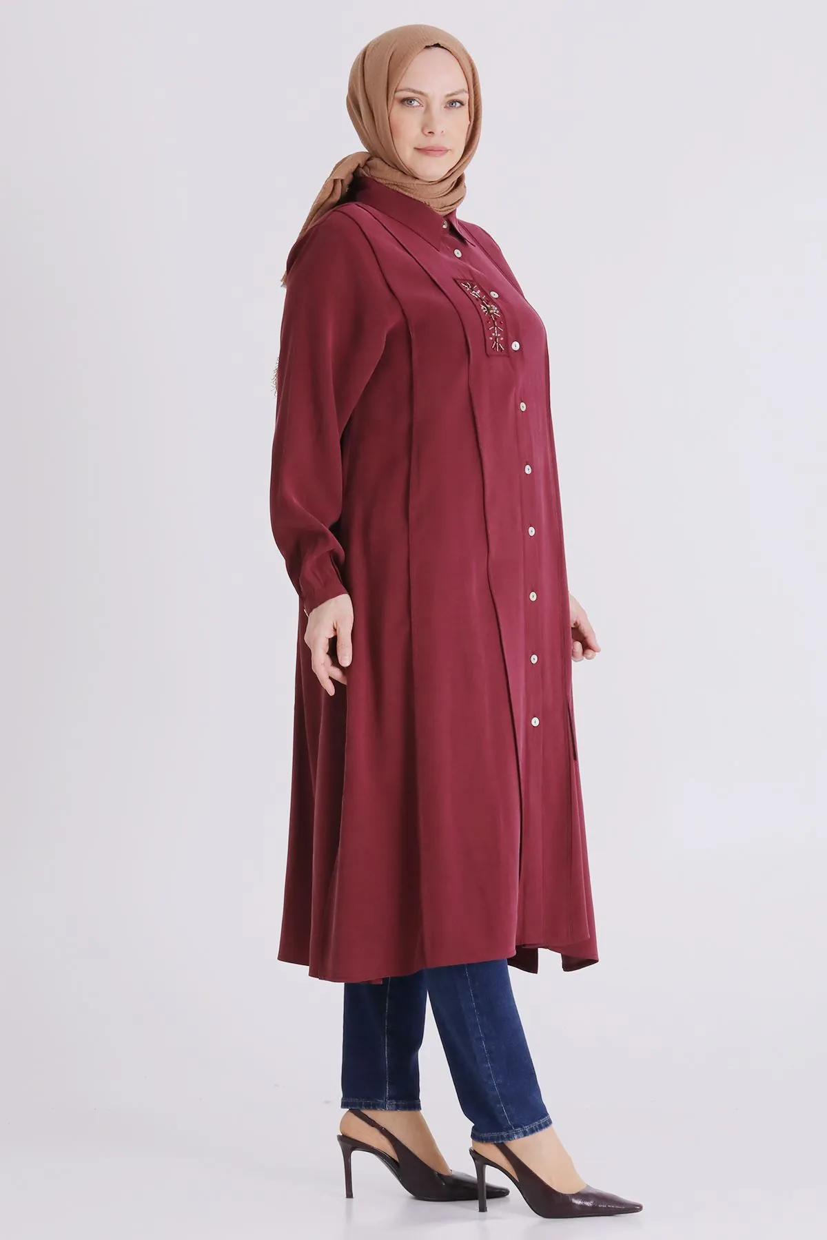 Büyük Beden Tesettür İşlemeli Tunik 2359 Bordo