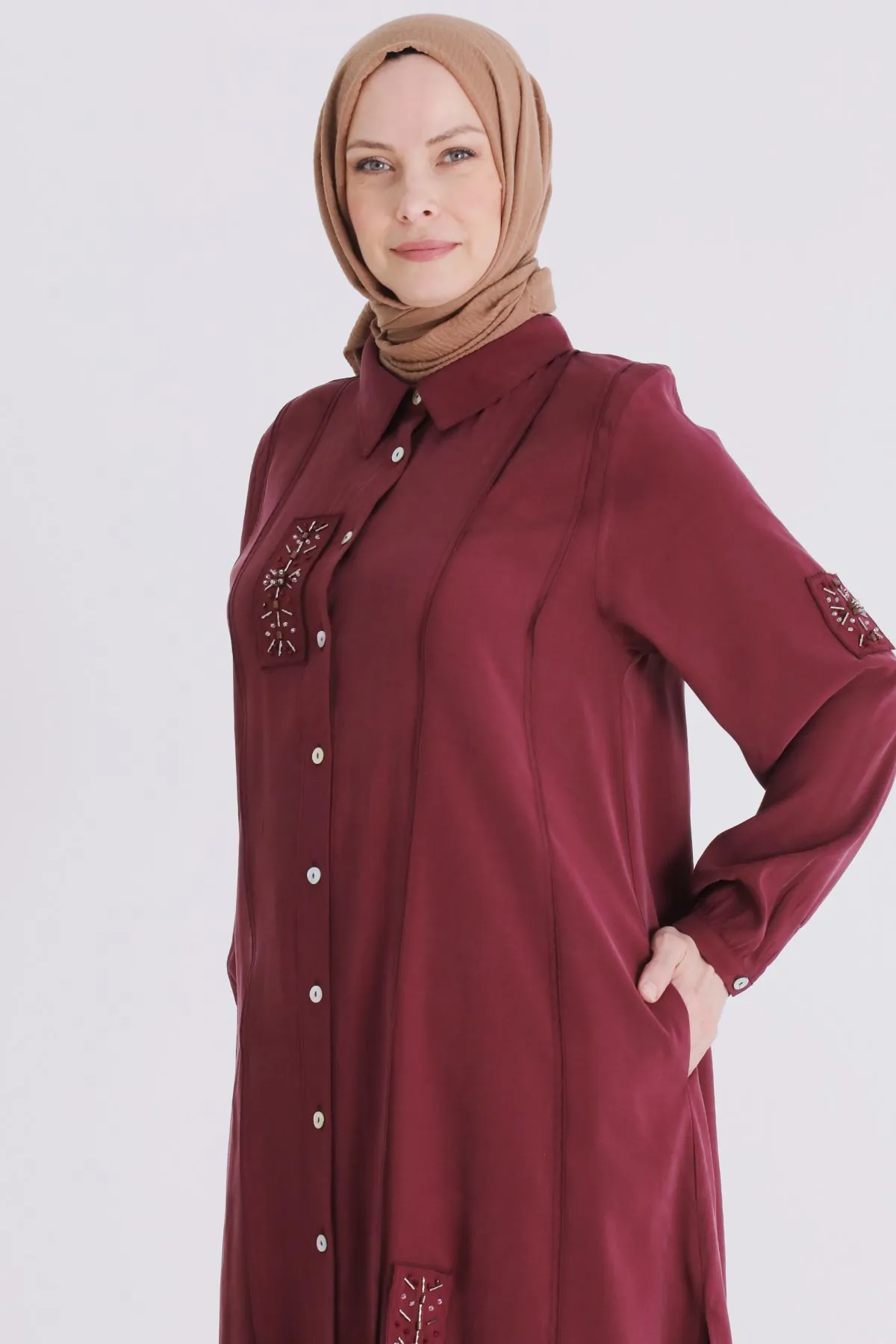 Büyük Beden Tesettür İşlemeli Tunik 2359 Bordo