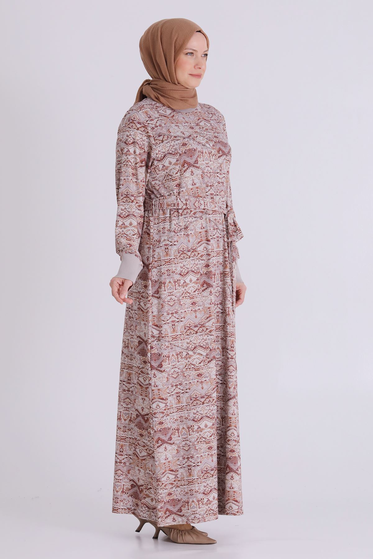 Büyük Beden Tesettür Elbise 7529 Sütlü Kahve