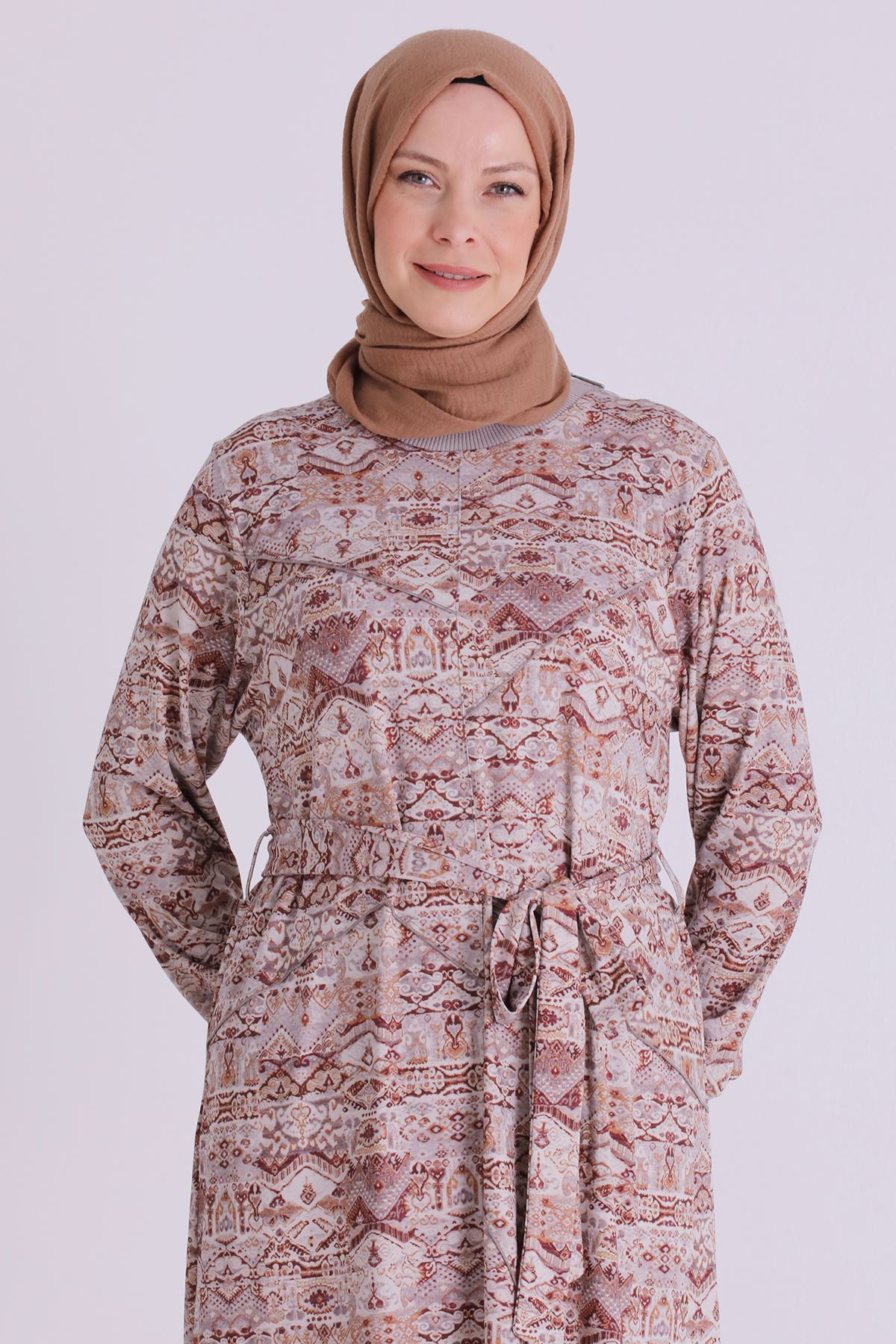 Büyük Beden Tesettür Elbise 7529 Sütlü Kahve