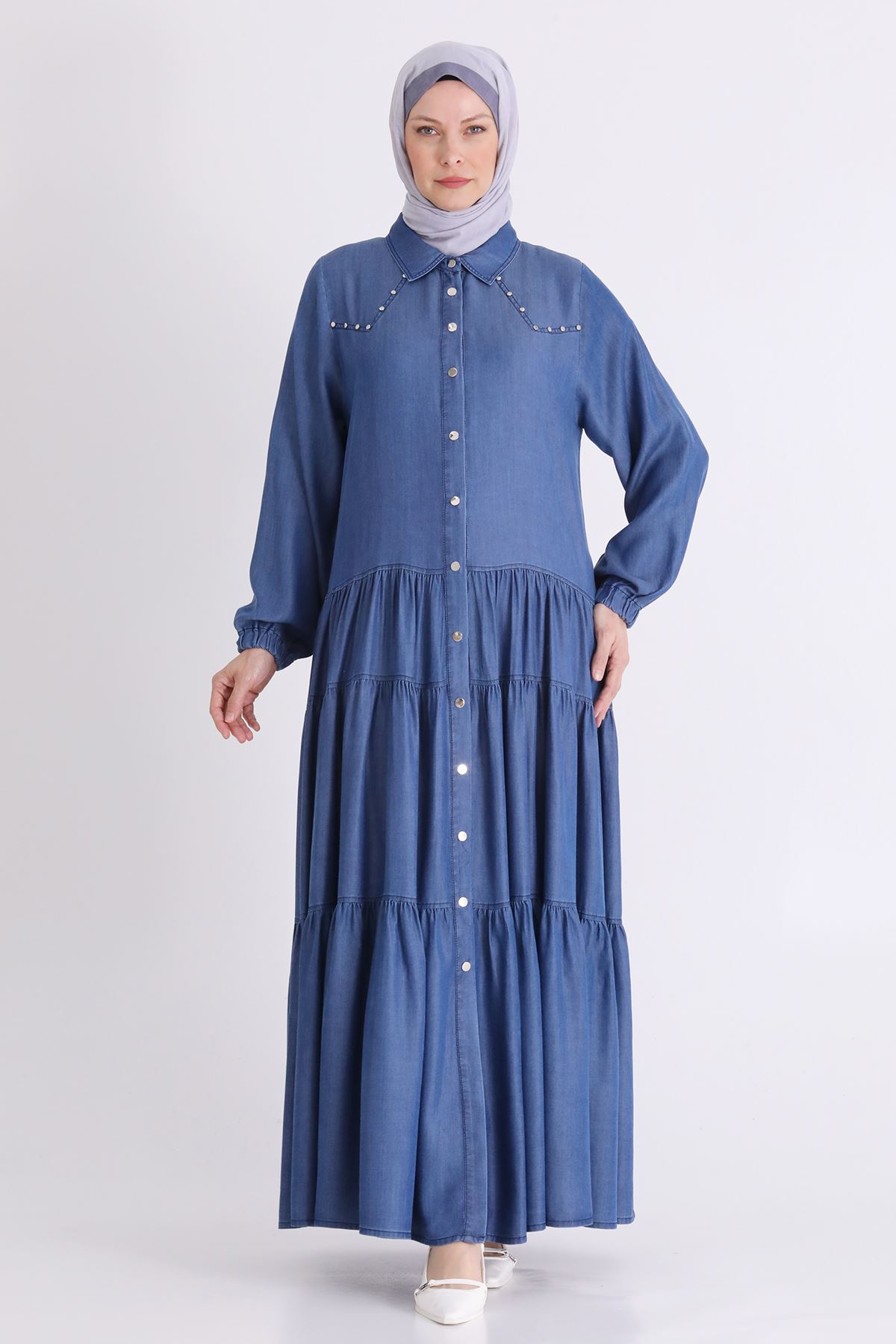 Büyük Beden Tesettür Tensel Kot Ferace 28086 Koyu Mavi