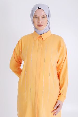 Büyük Beden Tesettür Taşlı Tunik 2352 Mango