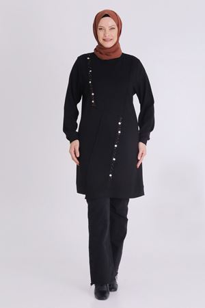 Büyük Beden Tesettür İşlemeli Tunik 2058 Siyah