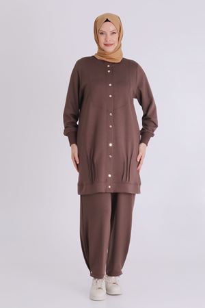 Büyük Beden Tesettür Pantolonlu Takım 3548 Kahve