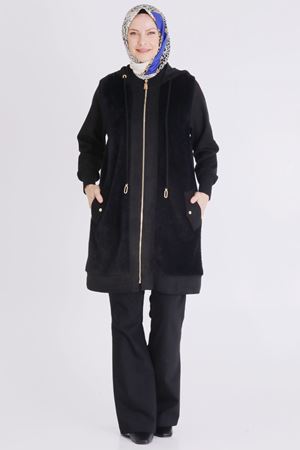 Büyük Beden Tesettür Süet Kürklü Kap 25132 Siyah