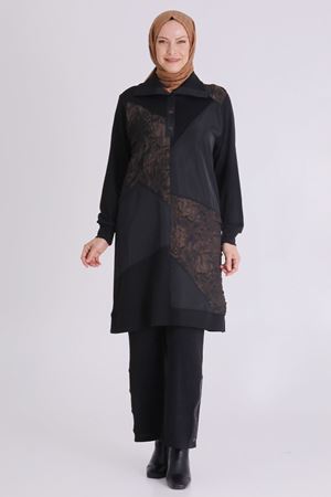 Büyük Beden Tesettür Pantolonlu Takım 35136 Siyah-Bakır