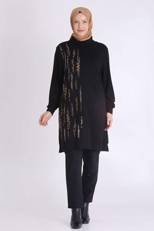 Büyük Beden Tesettür Taşlı Tunik 20130 Siyah