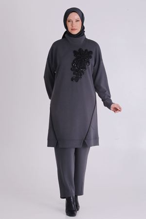 Büyük Beden Tesettür Pantolonlu Takım 3552 Füme