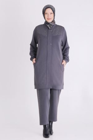 Büyük Beden Tesettür Pantolonlu Takım 3553 Füme