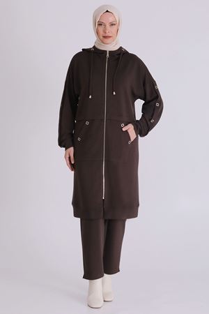 Büyük Beden Tesettür Pantolonlu Takım 3555 Kahve