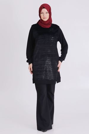 Büyük Beden Tesettür Tunik 1001 Siyah-Pullu