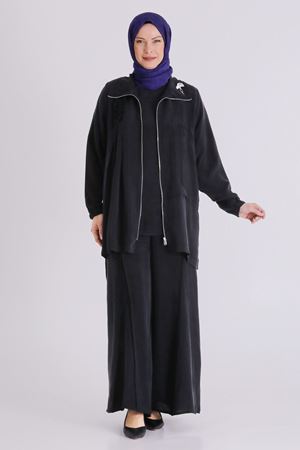 Büyük Beden Tesettür Cupro Üçlü Pantolonlu Takım 70021 Siyah