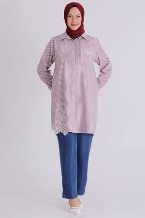 Büyük Beden Tesettür Çizgili Tunik 23037 Bordo