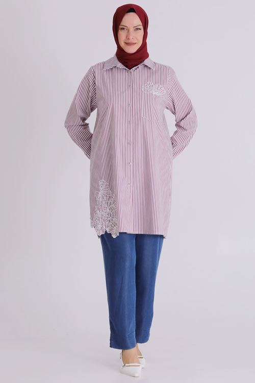 Büyük Beden Tesettür Çizgili Tunik 23037 Bordo