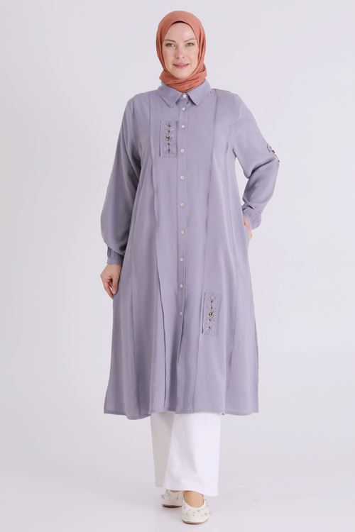 Büyük Beden Tesettür İşlemeli Tunik 2359 Gri