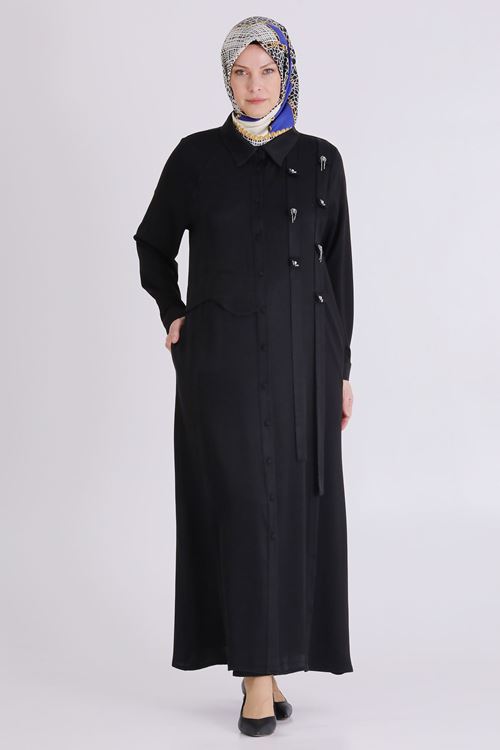 Büyük Beden Tesettür Taşlı Ferace 28080 Siyah