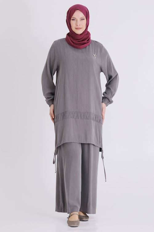 Büyük Beden Tesettür Pantolonlu Takım 3556 Duman Gri