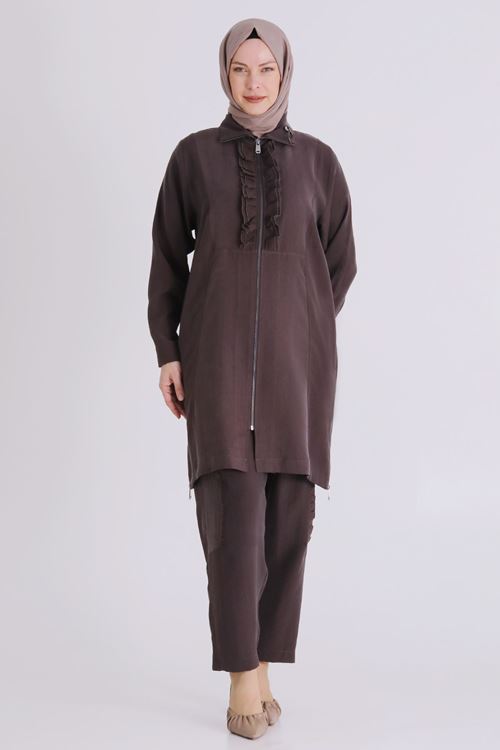 Büyük Beden Tesettür Pantolonlu Takım 35146 Kakao