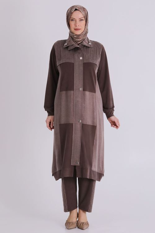 Büyük Beden Tesettür Pantolonlu Takım 35145 Kahve