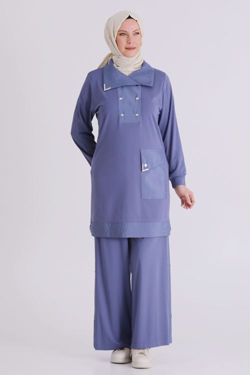 Büyük Beden Tesettür Pantolonlu Takım 35143 Morcivert