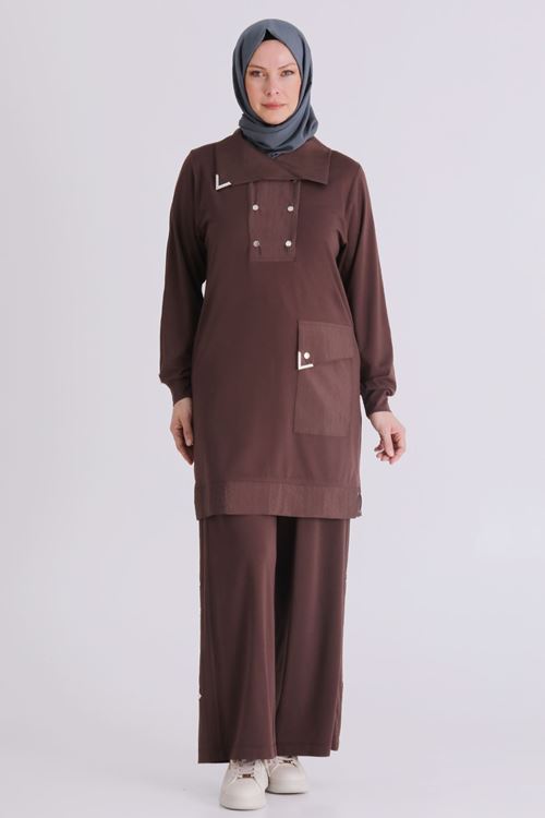 Büyük Beden Tesettür Pantolonlu Takım 35143 Kahve