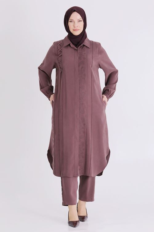 Büyük Beden Tesettür Pantolonlu Takım 35142 Soft Mürdüm