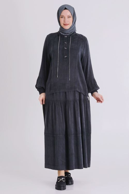Büyük Beden Tesettür Etekli Takım 38003 Siyah