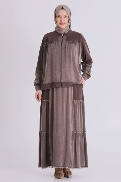Büyük Beden Tesettür Etekli Takım 38002 Kahve