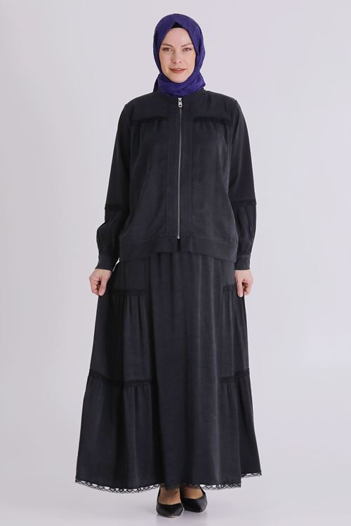 Büyük Beden Tesettür Etekli Takım 38002 Siyah