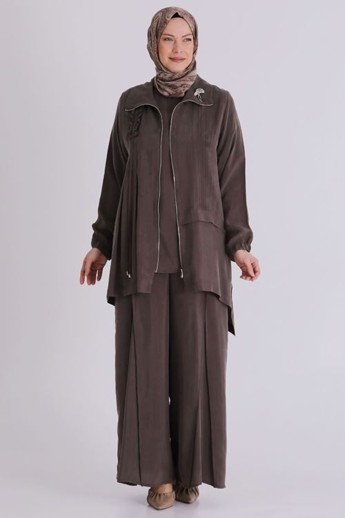 Büyük Beden Tesettür Cupro Üçlü Pantolonlu Takım 70021 Koyu Vizon
