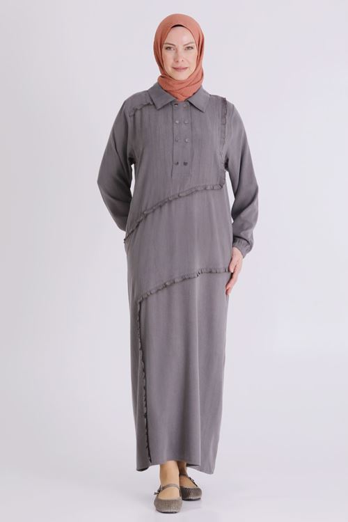 Büyük Beden Tesettür Elbise 7524 Duman Gri