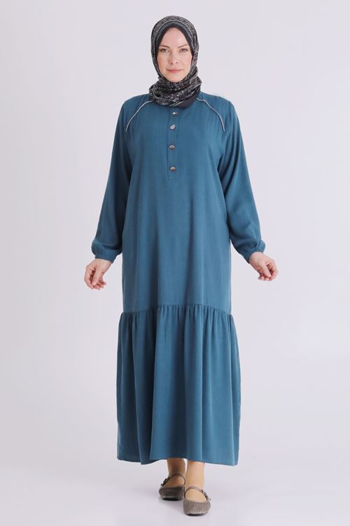 Büyük Beden Tesettür Elbise 7525 Petrol