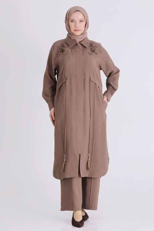 Büyük Beden Tesettür Pantolonlu Takım 35149 Fındık Kabuğu