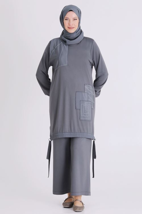 Büyük Beden Tesettür Pantolonlu Takım 3557 Kül Rengi 