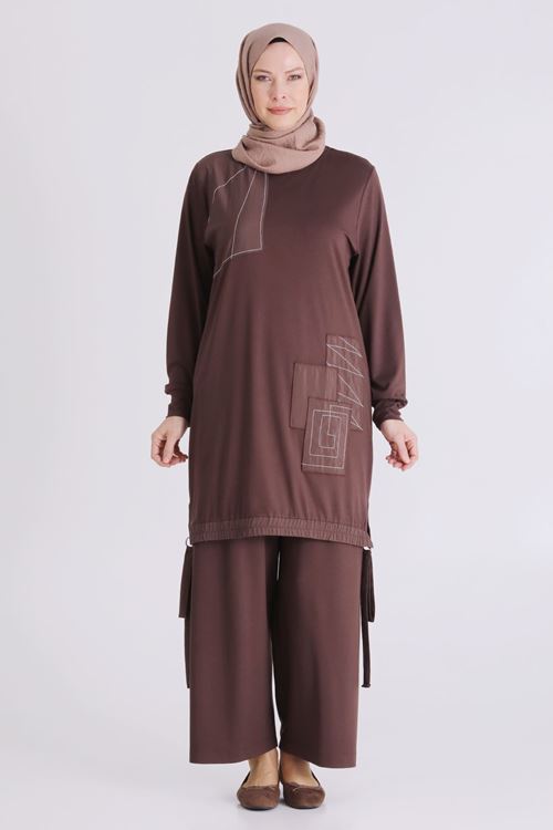 Büyük Beden Tesettür Pantolonlu Takım 3557 Kahve