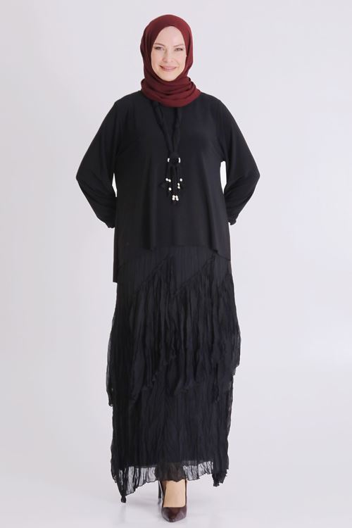 Büyük Beden Tesettür Etekli Takım 3802 Siyah
