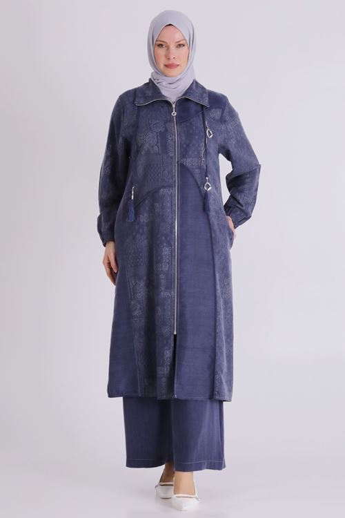 Büyük Beden Tesettür Pantolonlu Takım 35150 Denim Mavi