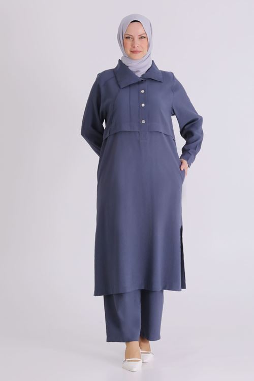 Büyük Beden Tesettür Pantolonlu Takım 3560 Duman Mavi