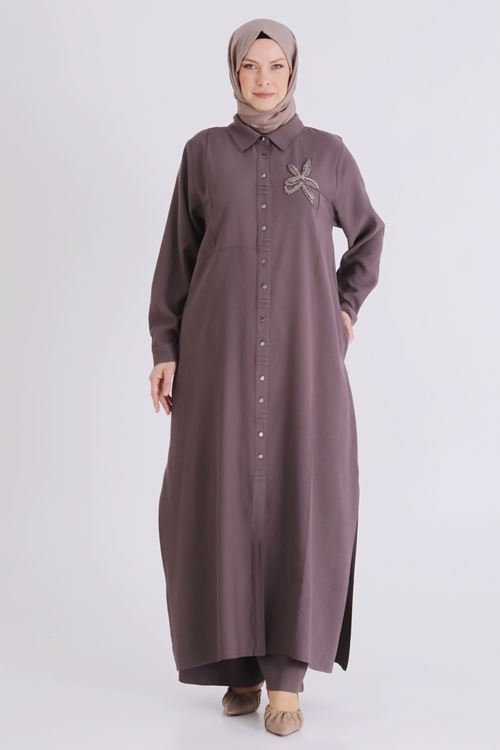 Büyük Beden Tesettür Pantolonlu Takım 3561 Kakao