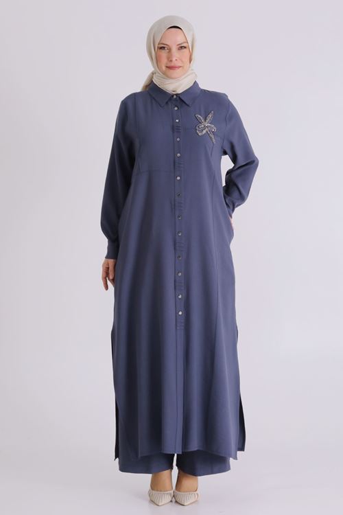 Büyük Beden Tesettür Pantolonlu Takım 3561 Duman Mavi