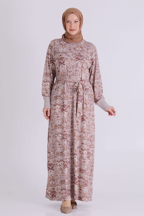 Büyük Beden Tesettür Elbise 7529 Sütlü Kahve
