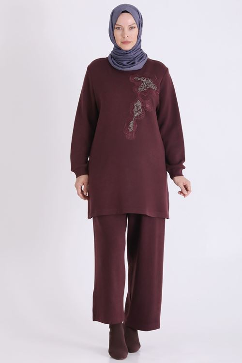 Büyük Beden Tesettür Pantolonlu Takım 3573 Bordo