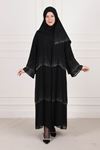 Büyük Beden Tesettür Sandy Elbiseli Şallı Taşlı Şifon Abaya 65008 Siyah
