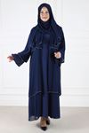 Büyük Beden Tesettür Double Şifonlu Taşlı Abaya 65003 İndigo