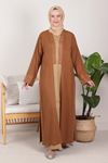 Büyük Beden Tesettür Nakış Detaylı Keten Üçlü Takım 70008 Taba Camel